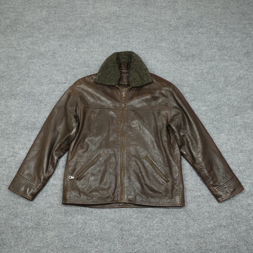 Vintage Harold's Jacket Mens Medium Brown Genuine Leather Pile Collar Full Zip